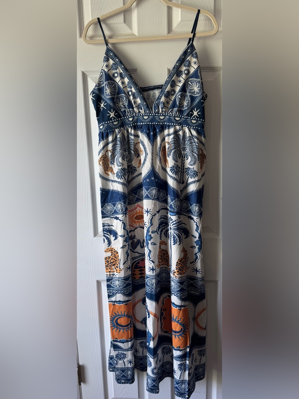 NWOT-Bohemian Maxi Dress with Blue & Orange Print/ Size-Large